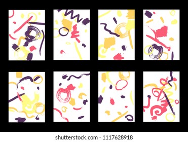 Set of 8 Greeting Cards on White Background. Light Base for Book or Notepad Cover, Invitation, Poster or Banner. Bright Brush Strokes on Retro Style of Early 90s. Set of Abstract Backgrounds.