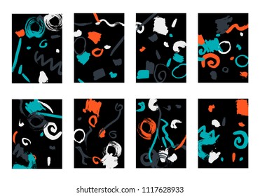 Set of 8 Greeting Cards on Black Background. Dark Base for Book or Notepad Cover, Invitation, Poster or Banner. Bright Brush Strokes on Retro Style of Early 90s. Set of Abstract Backgrounds.