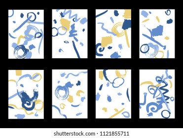 Set of 8 Greeting Cards on White Background. Light Base for Book or Notepad Cover, Invitation, Poster or Banner. Bright Brush Strokes on Retro Style of Early 90s. Set of Abstract Backgrounds.
