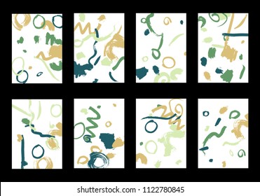 Set of 8 Greeting Cards on White Background. Light Base for Book or Notepad Cover, Invitation, Poster or Banner. Bright Brush Strokes on Retro Style of Early 90s. Set of Abstract Backgrounds.