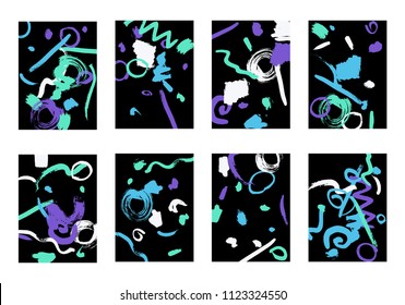 Set of 8 Greeting Cards on Black Background. Dark Base for Book or Notepad Cover, Invitation, Poster or Banner. Bright Brush Strokes on Retro Style of Early 90s. Set of Abstract Backgrounds.