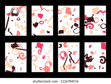 Set of 8 Greeting Cards on White Background. Light Base for Book or Notepad Cover, Invitation, Poster or Banner. Bright Brush Strokes on Retro Style of Early 90s. Set of Abstract Backgrounds.