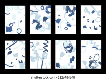 Set of 8 Greeting Cards on White Background. Light Base for Book or Notepad Cover, Invitation, Poster or Banner. Bright Brush Strokes on Retro Style of Early 90s. Set of Abstract Backgrounds.