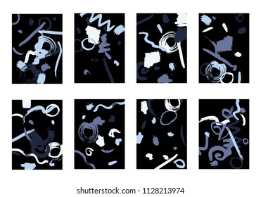 Set of 8 Greeting Cards on Black Background. Dark Base for Book or Notepad Cover, Invitation, Poster or Banner. Bright Brush Strokes on Retro Style of Early 90s. Set of Abstract Backgrounds.