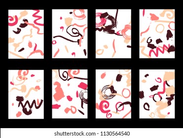 Set of 8 Greeting Cards on White Background. Light Base for Book or Notepad Cover, Invitation, Poster or Banner. Bright Brush Strokes on Retro Style of Early 90s. Set of Abstract Backgrounds.