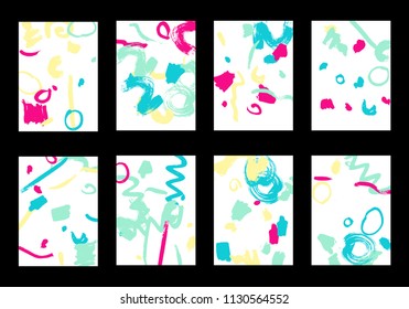 Set of 8 Greeting Cards on White Background. Light Base for Book or Notepad Cover, Invitation, Poster or Banner. Bright Brush Strokes on Retro Style of Early 90s. Set of Abstract Backgrounds.