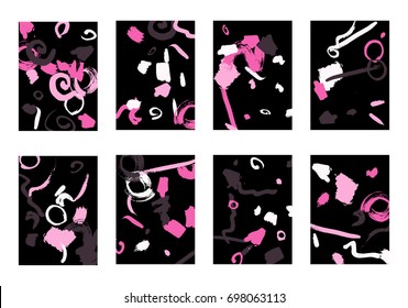 Set of 8 Greeting Cards on Black Background. Dark Base for Book or Notepad Cover, Invitation, Poster or Banner. Bright Brush Strokes on Retro Style of Early 90s. Set of Abstract Backgrounds.