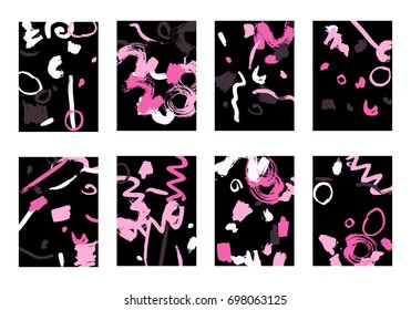 Set of 8 Greeting Cards on Black Background. Dark Base for Book or Notepad Cover, Invitation, Poster or Banner. Bright Brush Strokes on Retro Style of Early 90s. Set of Abstract Backgrounds.
