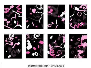 Set of 8 Greeting Cards on Black Background. Dark Base for Book or Notepad Cover, Invitation, Poster or Banner. Bright Brush Strokes on Retro Style of Early 90s. Set of Abstract Backgrounds.