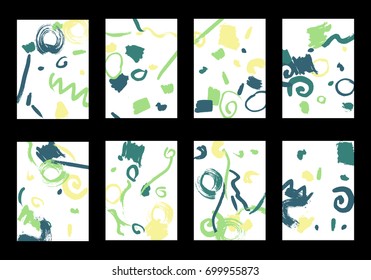Set of 8 Greeting Cards on White Background. Light Base for Book or Notepad Cover, Invitation, Poster or Banner. Bright Brush Strokes on Retro Style of Early 90s. Set of Abstract Backgrounds.