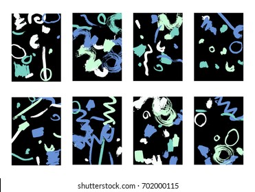 Set of 8 Greeting Cards on Black Background. Dark Base for Book or Notepad Cover, Invitation, Poster or Banner. Bright Brush Strokes on Retro Style of Early 90s. Set of Abstract Backgrounds.
