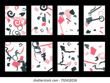 Set of 8 Greeting Cards on White Background. Light Base for Book or Notepad Cover, Invitation, Poster or Banner. Bright Brush Strokes on Retro Style of Early 90s. Set of Abstract Backgrounds.