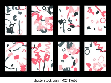 Set of 8 Greeting Cards on White Background. Light Base for Book or Notepad Cover, Invitation, Poster or Banner. Bright Brush Strokes on Retro Style of Early 90s. Set of Abstract Backgrounds.