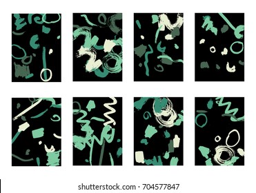 Set of 8 Greeting Cards on Black Background. Dark Base for Book or Notepad Cover, Invitation, Poster or Banner. Bright Brush Strokes on Retro Style of Early 90s. Set of Abstract Backgrounds.