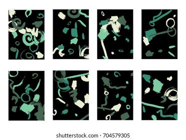 Set of 8 Greeting Cards on Black Background. Dark Base for Book or Notepad Cover, Invitation, Poster or Banner. Bright Brush Strokes on Retro Style of Early 90s. Set of Abstract Backgrounds.