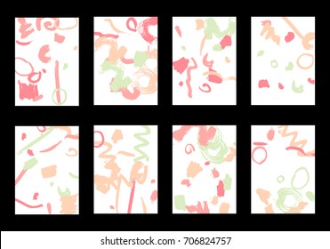 Set of 8 Greeting Cards on White Background. Light Base for Book or Notepad Cover, Invitation, Poster or Banner. Bright Brush Strokes on Retro Style of Early 90s. Set of Abstract Backgrounds.