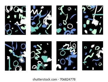 Set of 8 Greeting Cards on Black Background. Dark Base for Book or Notepad Cover, Invitation, Poster or Banner. Bright Brush Strokes on Retro Style of Early 90s. Set of Abstract Backgrounds.
