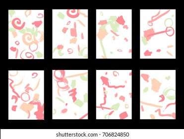 Set of 8 Greeting Cards on White Background. Light Base for Book or Notepad Cover, Invitation, Poster or Banner. Bright Brush Strokes on Retro Style of Early 90s. Set of Abstract Backgrounds.