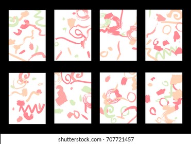 Set of 8 Greeting Cards on White Background. Light Base for Book or Notepad Cover, Invitation, Poster or Banner. Bright Brush Strokes on Retro Style of Early 90s. Set of Abstract Backgrounds.