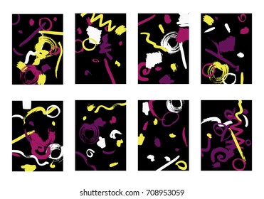 Set of 8 Greeting Cards on Black Background. Dark Base for Book or Notepad Cover, Invitation, Poster or Banner. Bright Brush Strokes on Retro Style of Early 90s. Set of Abstract Backgrounds.