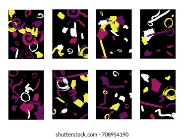 Set of 8 Greeting Cards on Black Background. Dark Base for Book or Notepad Cover, Invitation, Poster or Banner. Bright Brush Strokes on Retro Style of Early 90s. Set of Abstract Backgrounds.