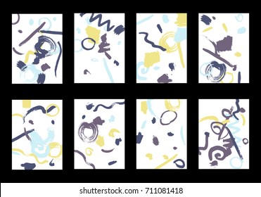 Set of 8 Greeting Cards on White Background. Light Base for Book or Notepad Cover, Invitation, Poster or Banner. Bright Brush Strokes on Retro Style of Early 90s. Set of Abstract Backgrounds.