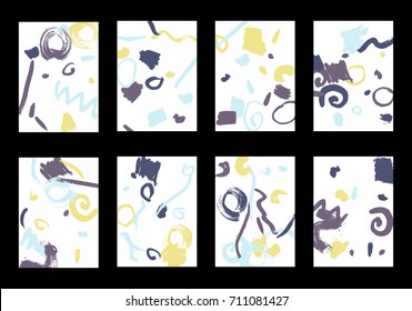 Set of 8 Greeting Cards on White Background. Light Base for Book or Notepad Cover, Invitation, Poster or Banner. Bright Brush Strokes on Retro Style of Early 90s. Set of Abstract Backgrounds.