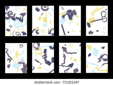 Set of 8 Greeting Cards on White Background. Light Base for Book or Notepad Cover, Invitation, Poster or Banner. Bright Brush Strokes on Retro Style of Early 90s. Set of Abstract Backgrounds.