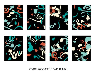 Set of 8 Greeting Cards on Black Background. Dark Base for Book or Notepad Cover, Invitation, Poster or Banner. Bright Brush Strokes on Retro Style of Early 90s. Set of Abstract Backgrounds.