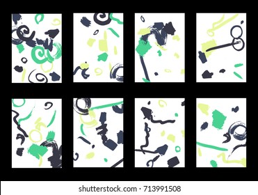 Set of 8 Greeting Cards on White Background. Light Base for Book or Notepad Cover, Invitation, Poster or Banner. Bright Brush Strokes on Retro Style of Early 90s. Set of Abstract Backgrounds.