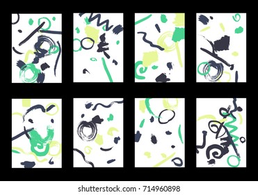 Set of 8 Greeting Cards on White Background. Light Base for Book or Notepad Cover, Invitation, Poster or Banner. Bright Brush Strokes on Retro Style of Early 90s. Set of Abstract Backgrounds.