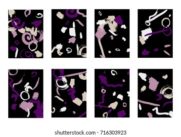Set of 8 Greeting Cards on Black Background. Dark Base for Book or Notepad Cover, Invitation, Poster or Banner. Bright Brush Strokes on Retro Style of Early 90s. Set of Abstract Backgrounds.