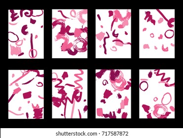 Set of 8 Greeting Cards on White Background. Light Base for Book or Notepad Cover, Invitation, Poster or Banner. Bright Brush Strokes on Retro Style of Early 90s. Set of Abstract Backgrounds.