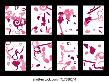 Set of 8 Greeting Cards on White Background. Light Base for Book or Notepad Cover, Invitation, Poster or Banner. Bright Brush Strokes on Retro Style of Early 90s. Set of Abstract Backgrounds.
