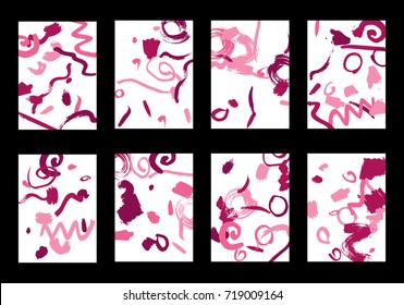 Set of 8 Greeting Cards on White Background. Light Base for Book or Notepad Cover, Invitation, Poster or Banner. Bright Brush Strokes on Retro Style of Early 90s. Set of Abstract Backgrounds.