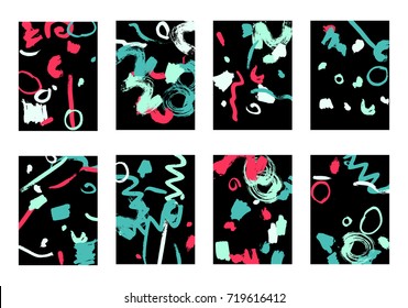 Set of 8 Greeting Cards on Black Background. Dark Base for Book or Notepad Cover, Invitation, Poster or Banner. Bright Brush Strokes on Retro Style of Early 90s. Set of Abstract Backgrounds.