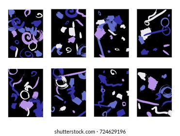 Set of 8 Greeting Cards on Black Background. Dark Base for Book or Notepad Cover, Invitation, Poster or Banner. Bright Brush Strokes on Retro Style of Early 90s. Set of Abstract Backgrounds.