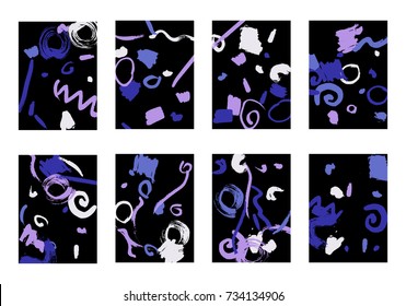 Set of 8 Greeting Cards on Black Background. Dark Base for Book or Notepad Cover, Invitation, Poster or Banner. Bright Brush Strokes on Retro Style of Early 90s. Set of Abstract Backgrounds.