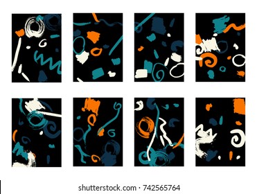 Set of 8 Greeting Cards on Black Background. Dark Base for Book or Notepad Cover, Invitation, Poster or Banner. Bright Brush Strokes on Retro Style of Early 90s. Set of Abstract Backgrounds.