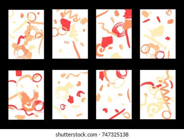 Set of 8 Greeting Cards on White Background. Light Base for Book or Notepad Cover, Invitation, Poster or Banner. Bright Brush Strokes on Retro Style of Early 90s. Set of Abstract Backgrounds.