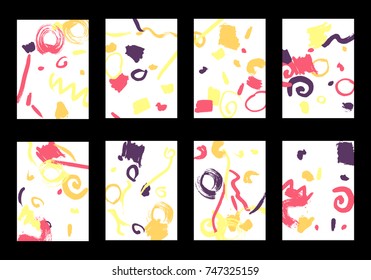 Set of 8 Greeting Cards on White Background. Light Base for Book or Notepad Cover, Invitation, Poster or Banner. Bright Brush Strokes on Retro Style of Early 90s. Set of Abstract Backgrounds.