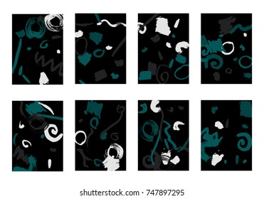 Set of 8 Greeting Cards on Black Background. Dark Base for Book or Notepad Cover, Invitation, Poster or Banner. Bright Brush Strokes on Retro Style of Early 90s. Set of Abstract Backgrounds.