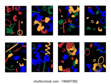 Set of 8 Greeting Cards on Black Background. Dark Base for Book or Notepad Cover, Invitation, Poster or Banner. Bright Brush Strokes on Retro Style of Early 90s. Set of Abstract Backgrounds.