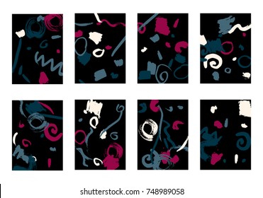 Set of 8 Greeting Cards on Black Background. Dark Base for Book or Notepad Cover, Invitation, Poster or Banner. Bright Brush Strokes on Retro Style of Early 90s. Set of Abstract Backgrounds.