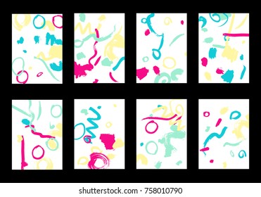 Set of 8 Greeting Cards on White Background. Light Base for Book or Notepad Cover, Invitation, Poster or Banner. Bright Brush Strokes on Retro Style of Early 90s. Set of Abstract Backgrounds.