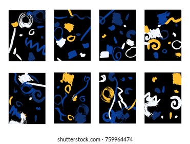 Set of 8 Greeting Cards on Black Background. Dark Base for Book or Notepad Cover, Invitation, Poster or Banner. Bright Brush Strokes on Retro Style of Early 90s. Set of Abstract Backgrounds.