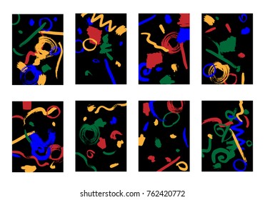 Set of 8 Greeting Cards on Black Background. Dark Base for Book or Notepad Cover, Invitation, Poster or Banner. Bright Brush Strokes on Retro Style of Early 90s. Set of Abstract Backgrounds.