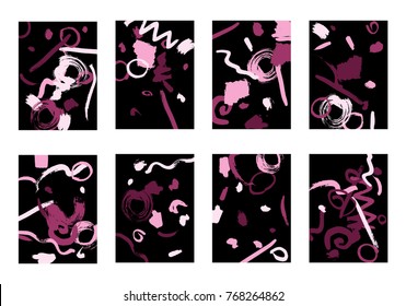 Set of 8 Greeting Cards on Black Background. Dark Base for Book or Notepad Cover, Invitation, Poster or Banner. Bright Brush Strokes on Retro Style of Early 90s. Set of Abstract Backgrounds.