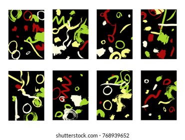 Set of 8 Greeting Cards on Black Background. Dark Base for Book or Notepad Cover, Invitation, Poster or Banner. Bright Brush Strokes on Retro Style of Early 90s. Set of Abstract Backgrounds.