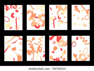 Set of 8 Greeting Cards on White Background. Light Base for Book or Notepad Cover, Invitation, Poster or Banner. Bright Brush Strokes on Retro Style of Early 90s. Set of Abstract Backgrounds.